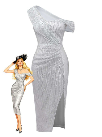 Silver 1920s Sequin One-Shoulder Side-Slit Dress - vintage dress, retro fashion, Gatsby party
