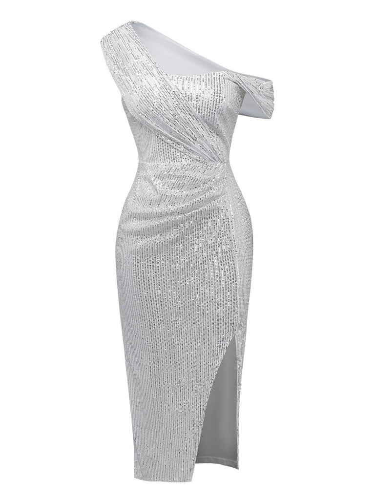 Silver 1920s Sequin One-Shoulder Side-Slit Dress - vintage dress, retro fashion, Gatsby party