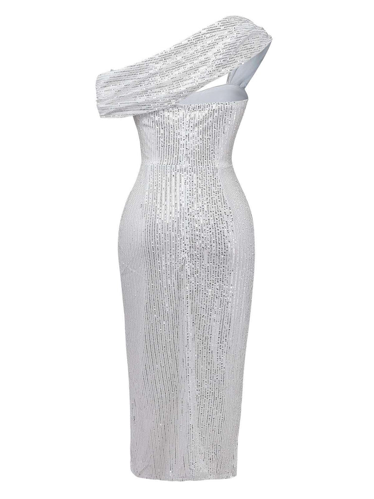 Silver 1920s Sequin One-Shoulder Side-Slit Dress - vintage dress, retro fashion, Gatsby party