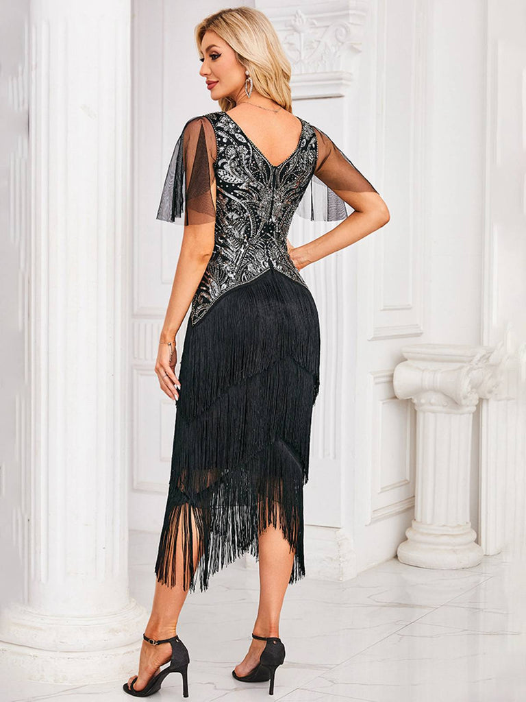 Silver 1920s Sequined Tassel Mesh Patchwork Dress - vintage dress, retro fashion, Gatsby party