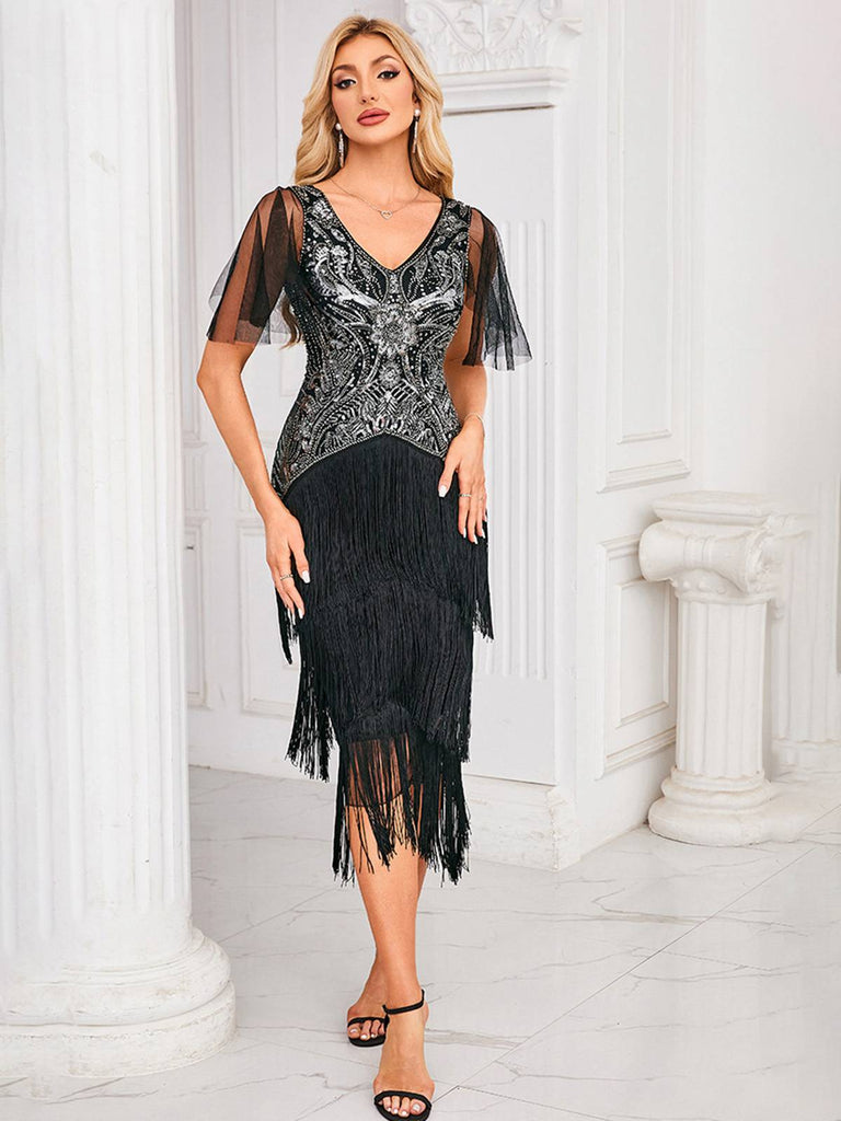 Silver 1920s Sequined Tassel Mesh Patchwork Dress - vintage dress, retro fashion, Gatsby party