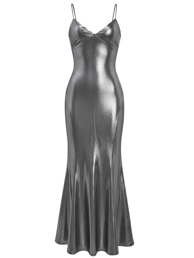 Silver 1930s Spaghetti Strap Mermaid Dress - vintage dress, retro fashion