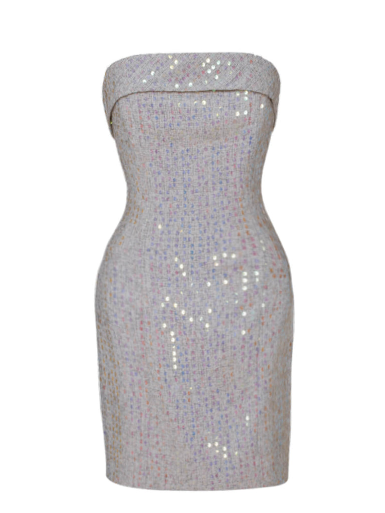 Silver 1970s Bandeau Sequin Pencil Dress, vintage dress, retro fashion - perfect for women who love vintage and retro fashion