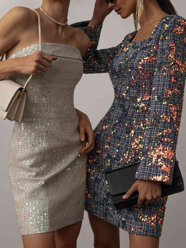 Silver 1970s Bandeau Sequin Pencil Dress — the kind of 1970s dress that makes strangers smile