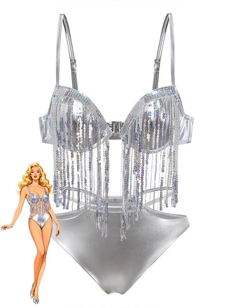 Silver 1970s Holographic Sequin Fringe Bikini Set - vintage fashion, retro style