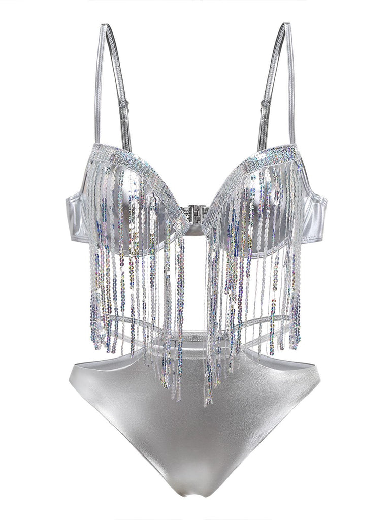Silver 1970s Holographic Sequin Fringe Bikini Set - vintage fashion, retro style