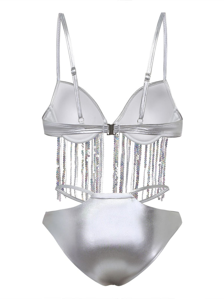 Silver 1970s Holographic Sequin Fringe Bikini Set - vintage fashion, retro style