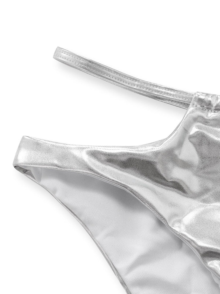Silver 1970s Holographic Sequin Fringe Bikini Set - vintage fashion, retro style