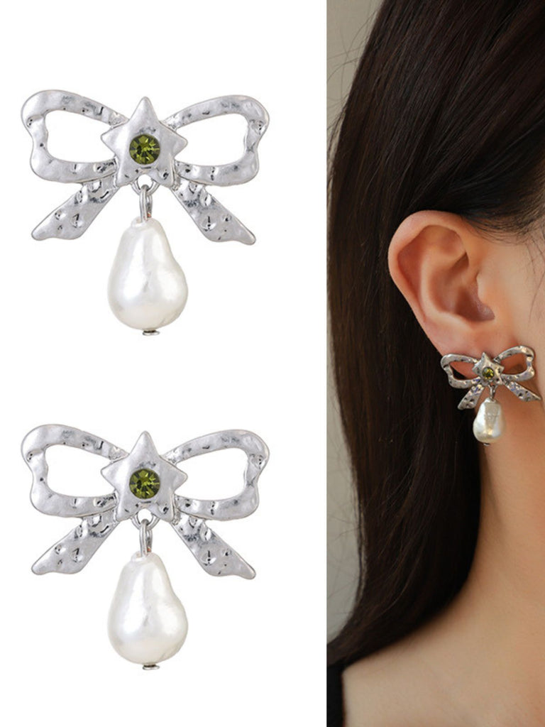 Silver Bow Star Pearl Drop Earrings: vintage detail work for the woman who notices