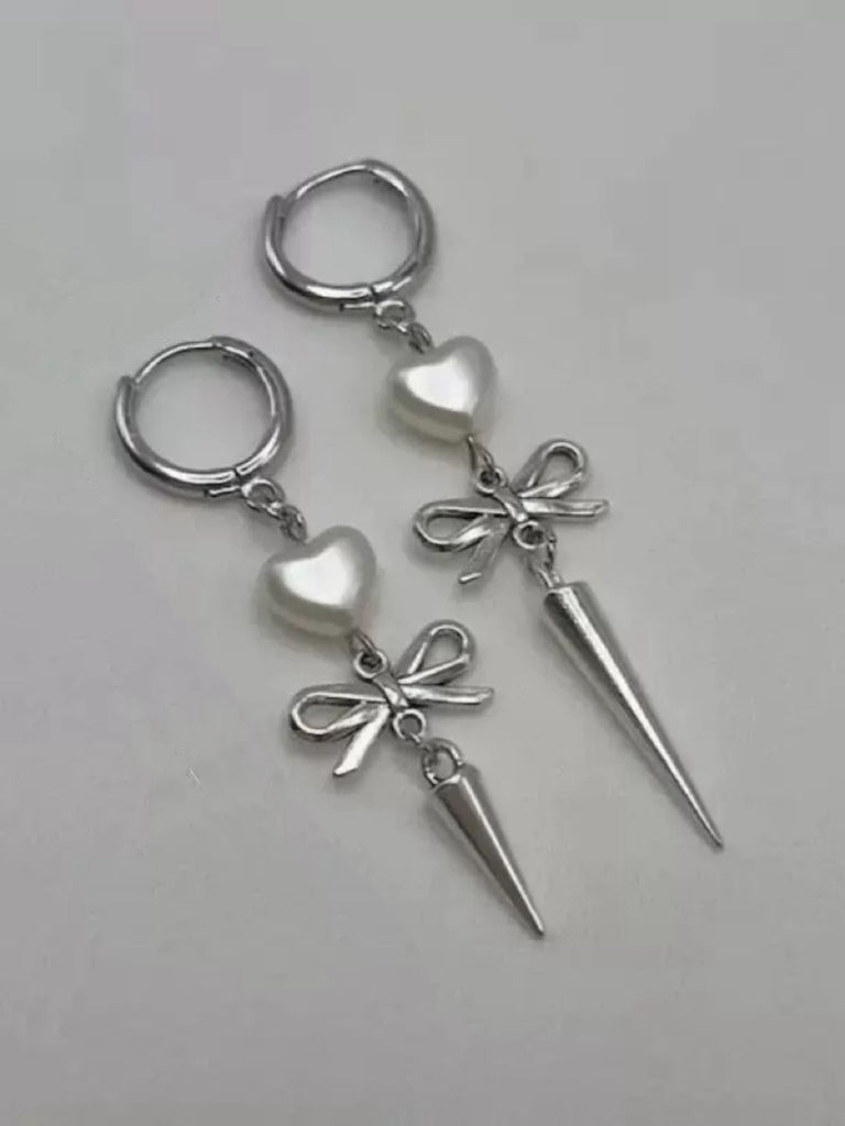 Silver Heart Asymmetrical Bow Drop Gothic Earrings - vintage fashion, retro style