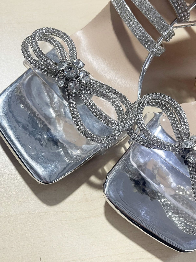 Silver Rhinestone Ankle Strap Heels - vintage shoes, retro heels