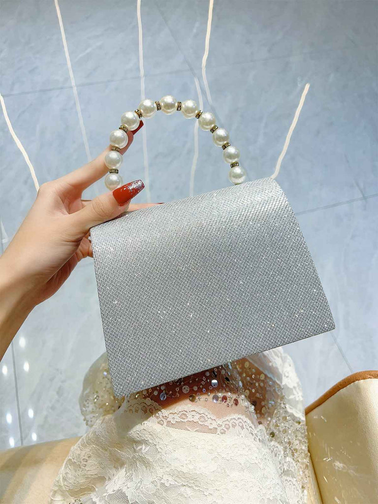 Silver Vintage Rhinestone Glitter Faux Pearl Handbag | vintage fashion, retro style, classic elegance - perfect for retro fashion enthusiasts