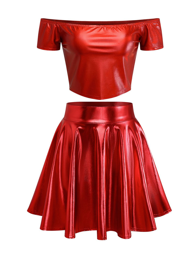 2PCS Metallic 1970 Disco Off-Shoulder Top & Pleated Skirt - vintage skirt, retro style