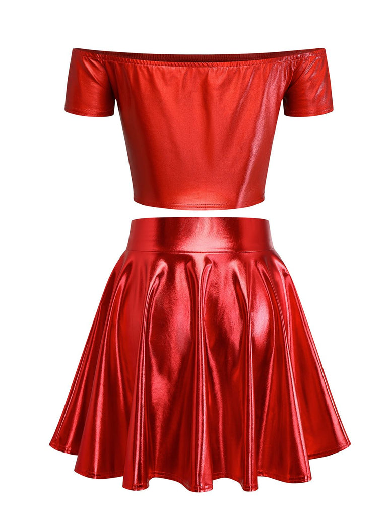2PCS Metallic 1970 Disco Off-Shoulder Top & Pleated Skirt - vintage skirt, retro style