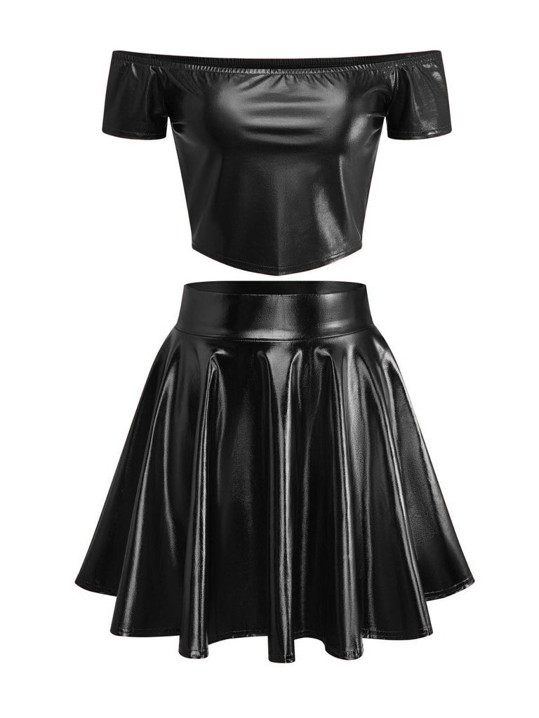 2PCS Metallic 1970 Disco Off-Shoulder Top & Pleated Skirt - vintage skirt, retro style