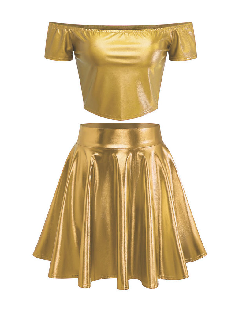 2PCS Metallic 1970 Disco Off-Shoulder Top & Pleated Skirt - vintage skirt, retro style