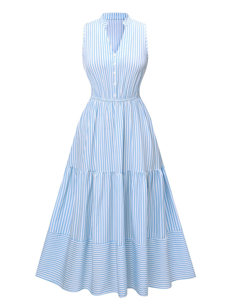 Sky Blue 1940s Stripes Stand Collar Dress, vintage dress, retro fashion - perfect for women who love vintage and retro fashion