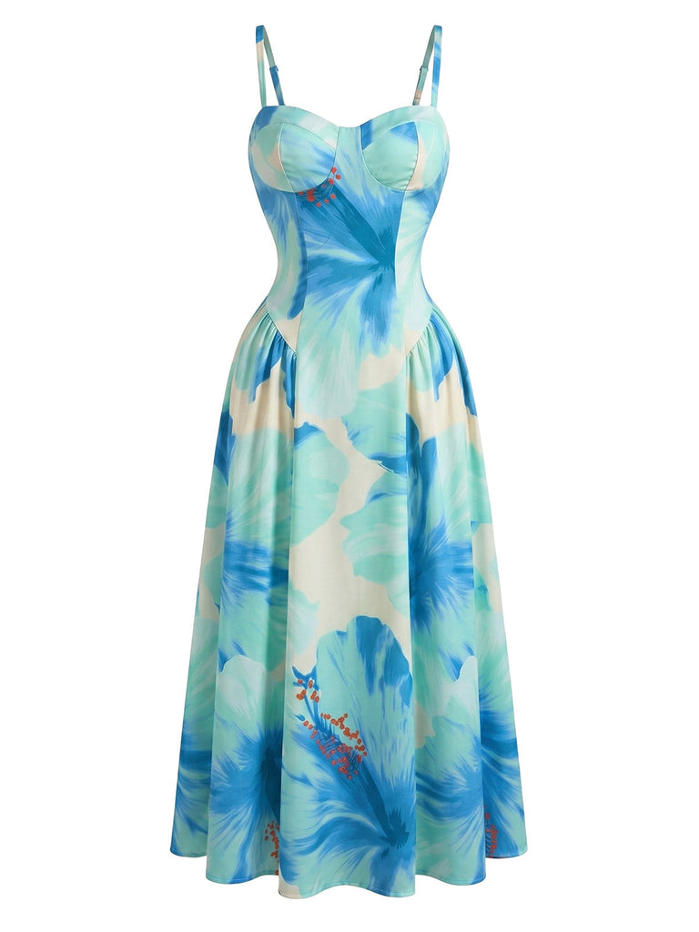 Sky Blue 1950s Floral Swing Belted Spaghetti Strap Dress, vintage dress, retro fashion, rockabilly, pin-up fashion - perfect for women who love vintage and retro fashion