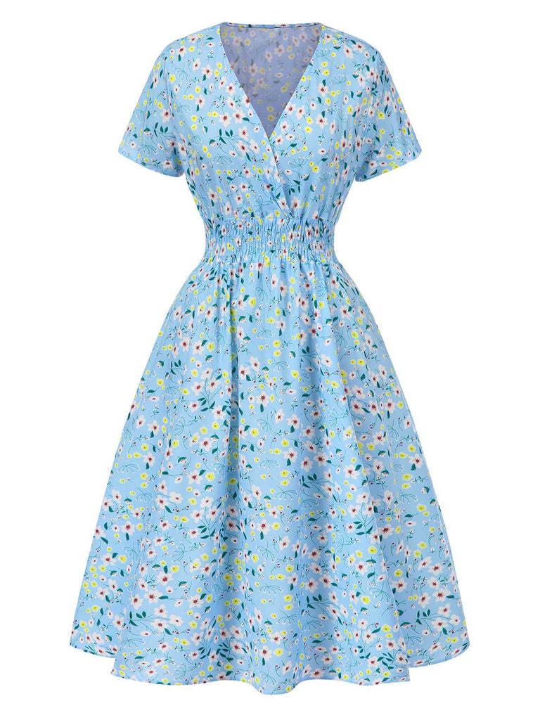 Sky Blue 1950s Floral V-Neck A-line Dress, vintage dress, retro fashion, rockabilly, pin-up fashion - perfect for women who love vintage and retro fashion