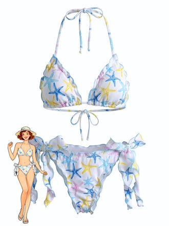 Sky Blue 1960s Starfish Print Halter Bow Tie Bikini Set - vintage swimsuit, pin-up swimwear for vintage lovers