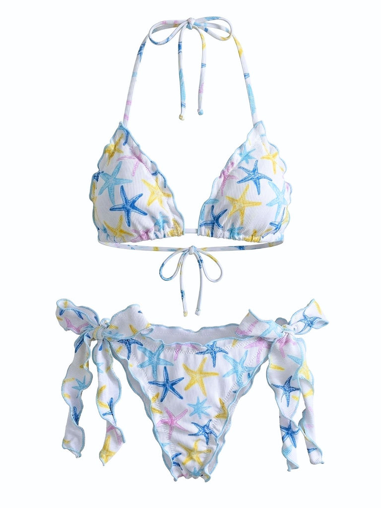 Sky Blue 1960s Starfish Print Halter Bow Tie Bikini Set - vintage swimsuit, pin-up swimwear for vintage lovers