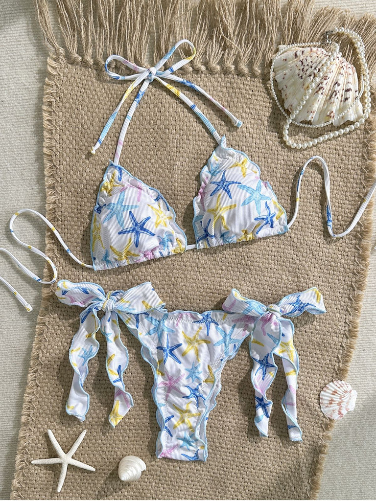 Sky Blue 1960s Starfish Print Halter Bow Tie Bikini Set - vintage swimsuit, pin-up swimwear for vintage lovers
