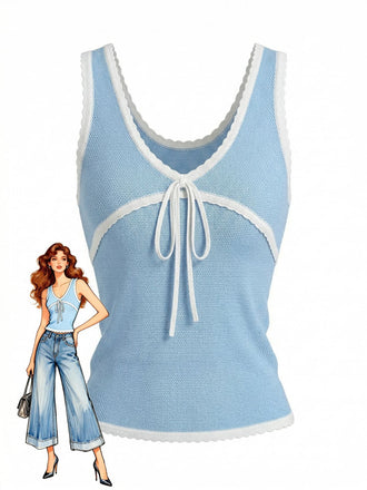 Sky Blue Y2k Scalloped Tank Top - vintage blouse, retro top, classic style for vintage lovers