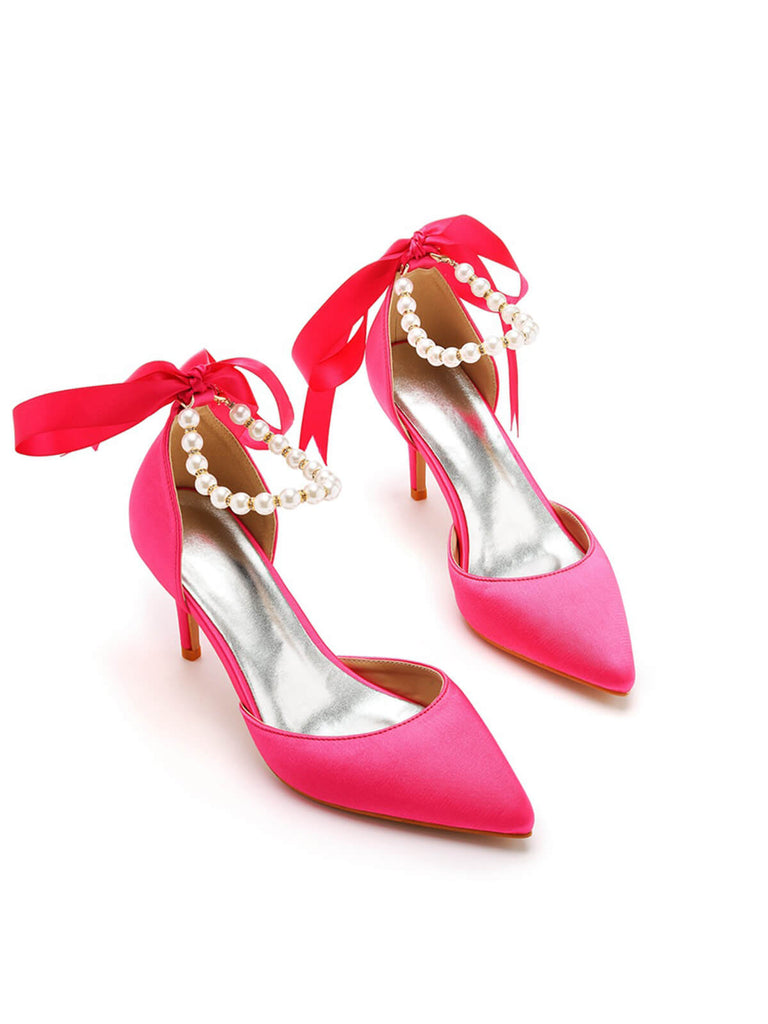 Solid Color Pearl Satin Pointed Toe Heels, vintage shoes, retro heels - perfect for women who love vintage and retro fashion