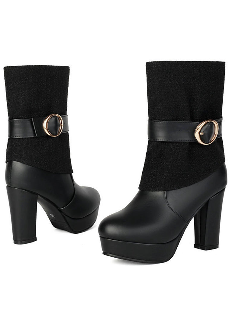 Solid PU Leather Ribbed Knit Patchwork High Heels - vintage shoes, retro heels