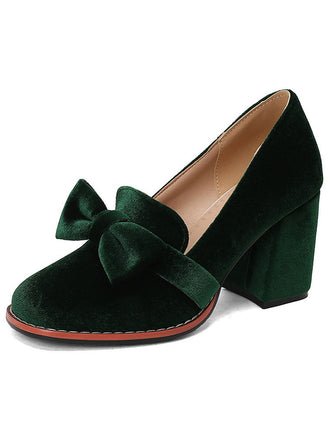 Solid Velvet Bow Detail Block Heel Shoes - vintage shoes, retro heels