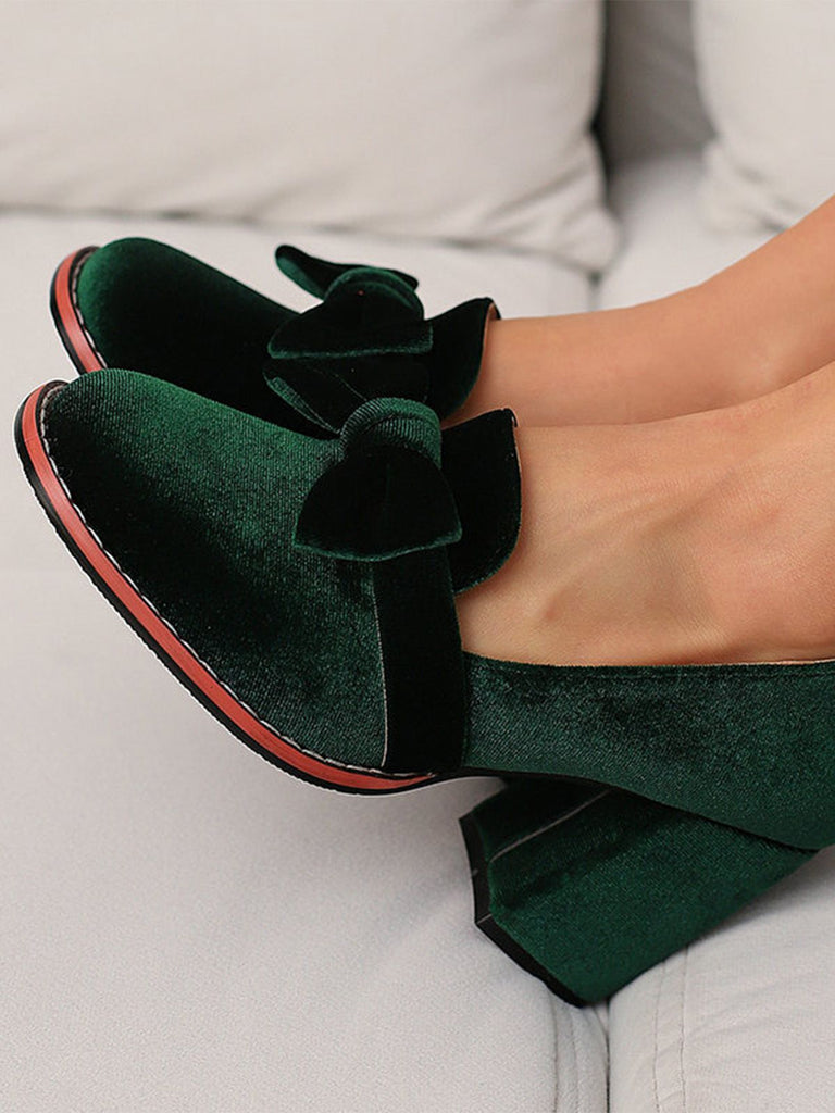 Solid Velvet Bow Detail Block Heel Shoes - vintage shoes, retro heels