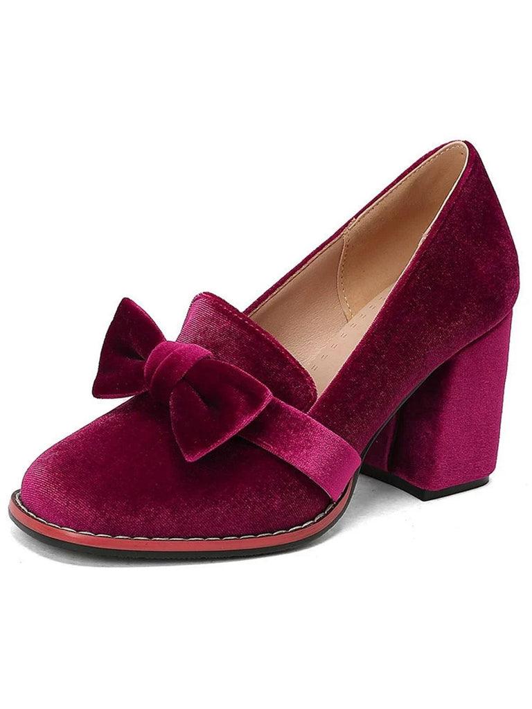 Solid Velvet Bow Detail Block Heel Shoes - vintage shoes, retro heels