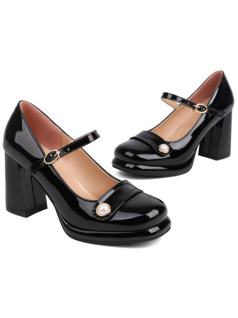 Square Toe PU Leather Pearl Chunky Heels - vintage shoes, retro heels