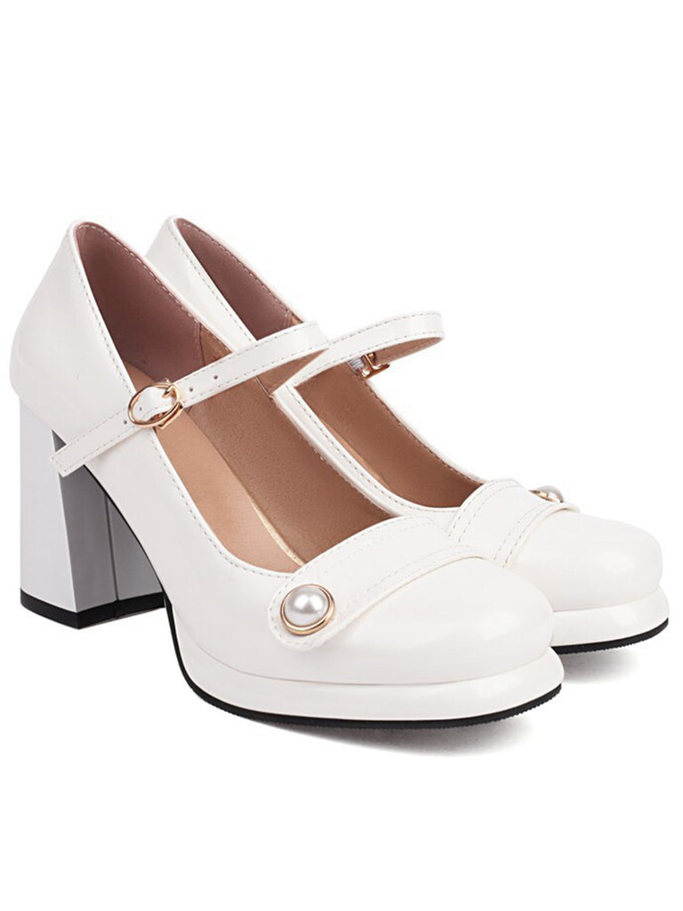 Square Toe PU Leather Pearl Chunky Heels - vintage shoes, retro heels