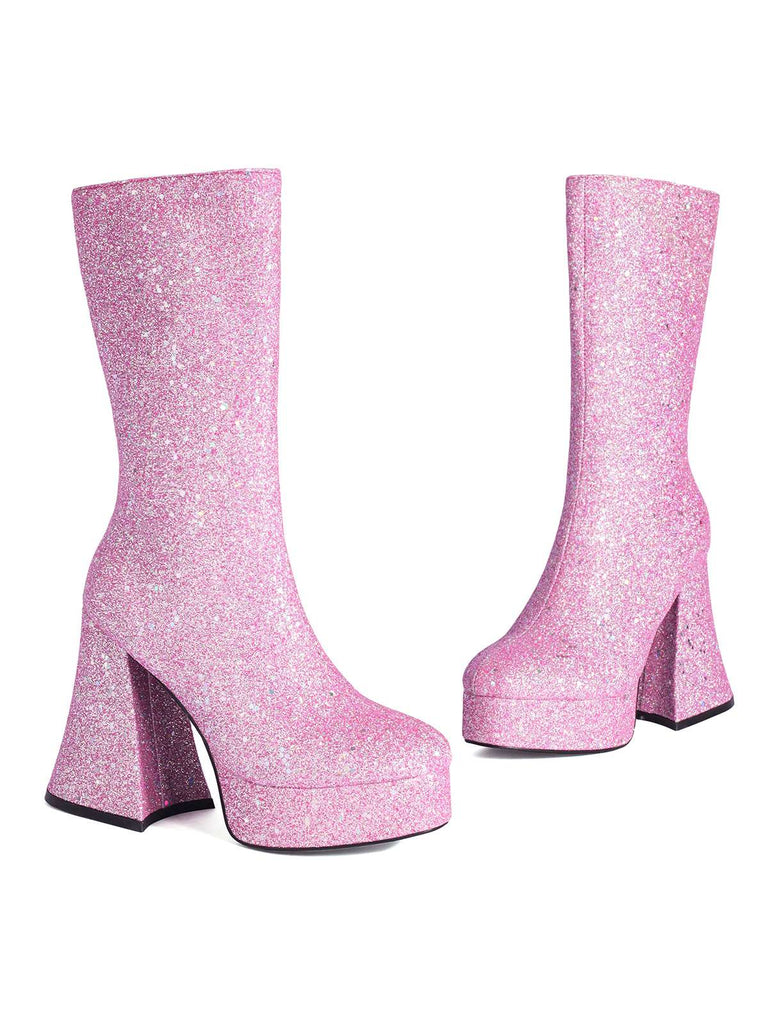 She finds her vintage story in this Square Toe Sequined Chunky Heel Mid-Calf Boots