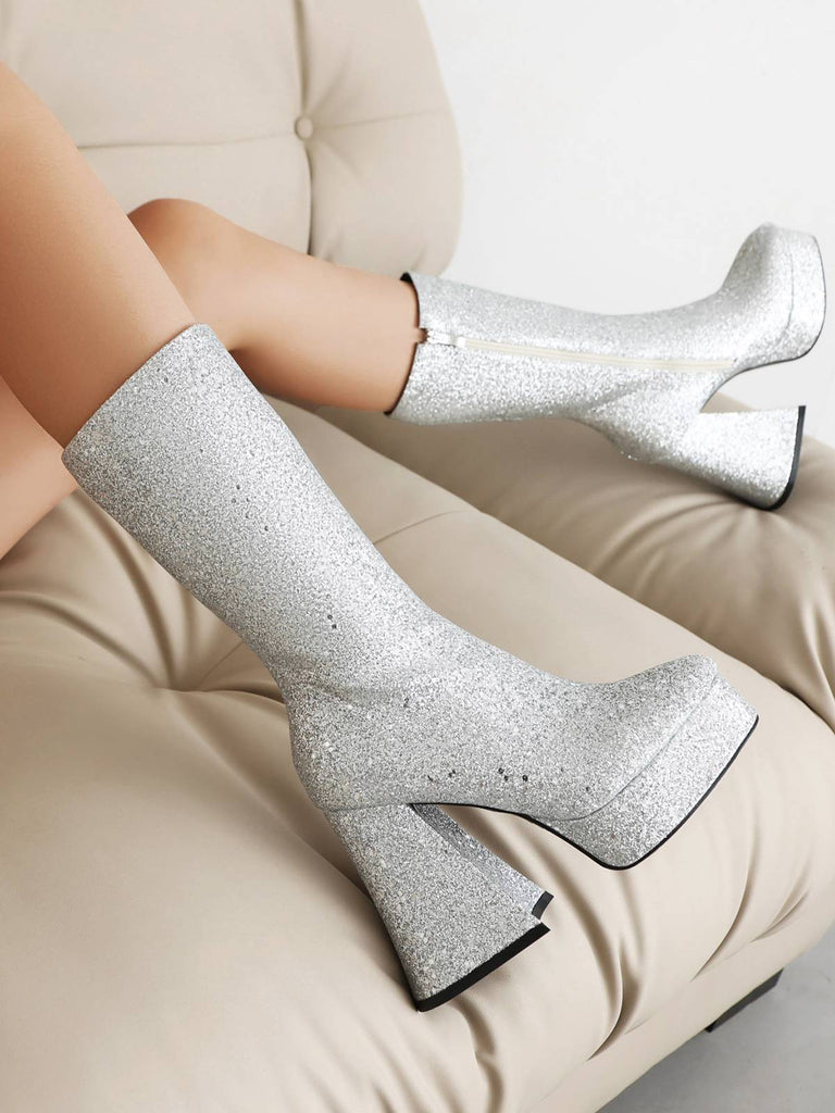 Square Toe Sequined Chunky Heel Mid-Calf Boots — vintage vintage charm for her modern wardrobe