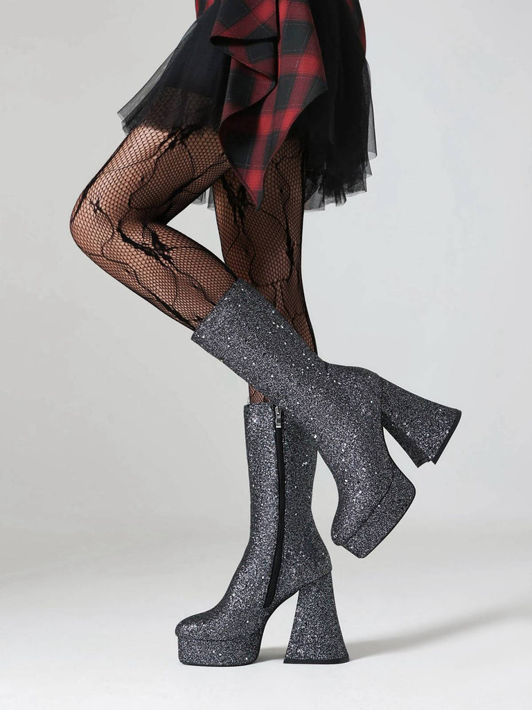 This Square Toe Sequined Chunky Heel Mid-Calf Boots whispers vintage secrets to those who notice