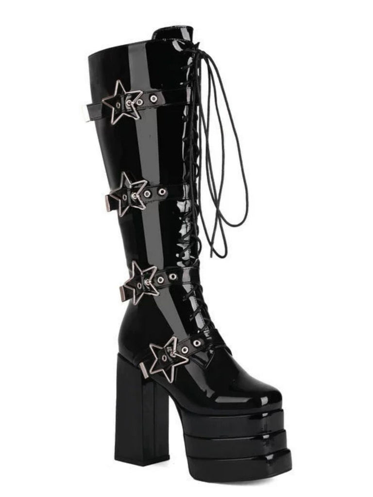 Star Button Gothic Platform High Heels Boots - vintage shoes, retro heels