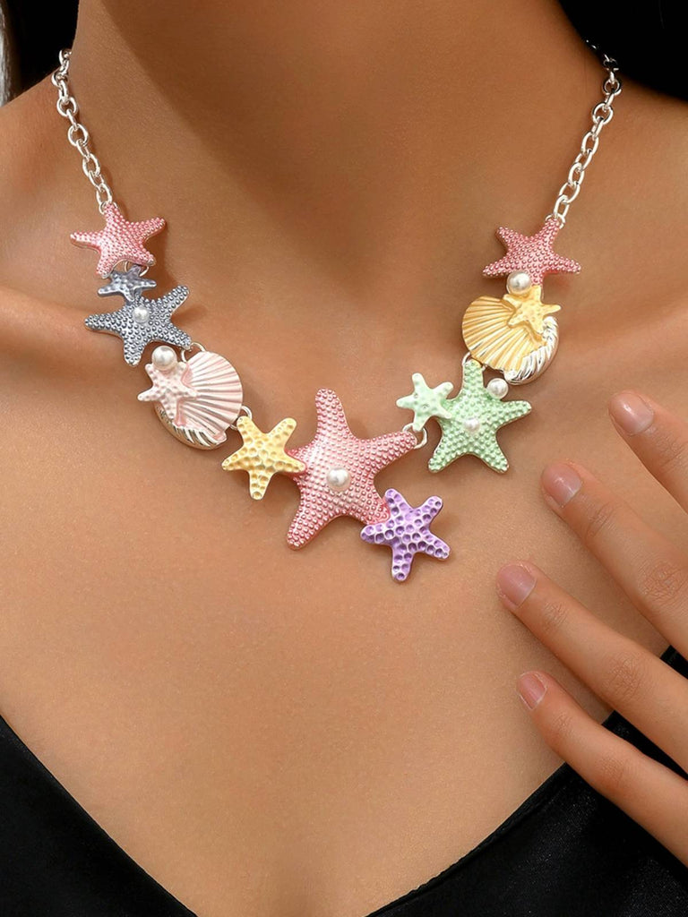 Starfish Seashell Pearl Inlaid Chain Necklace: vintage detail work for the woman who notices