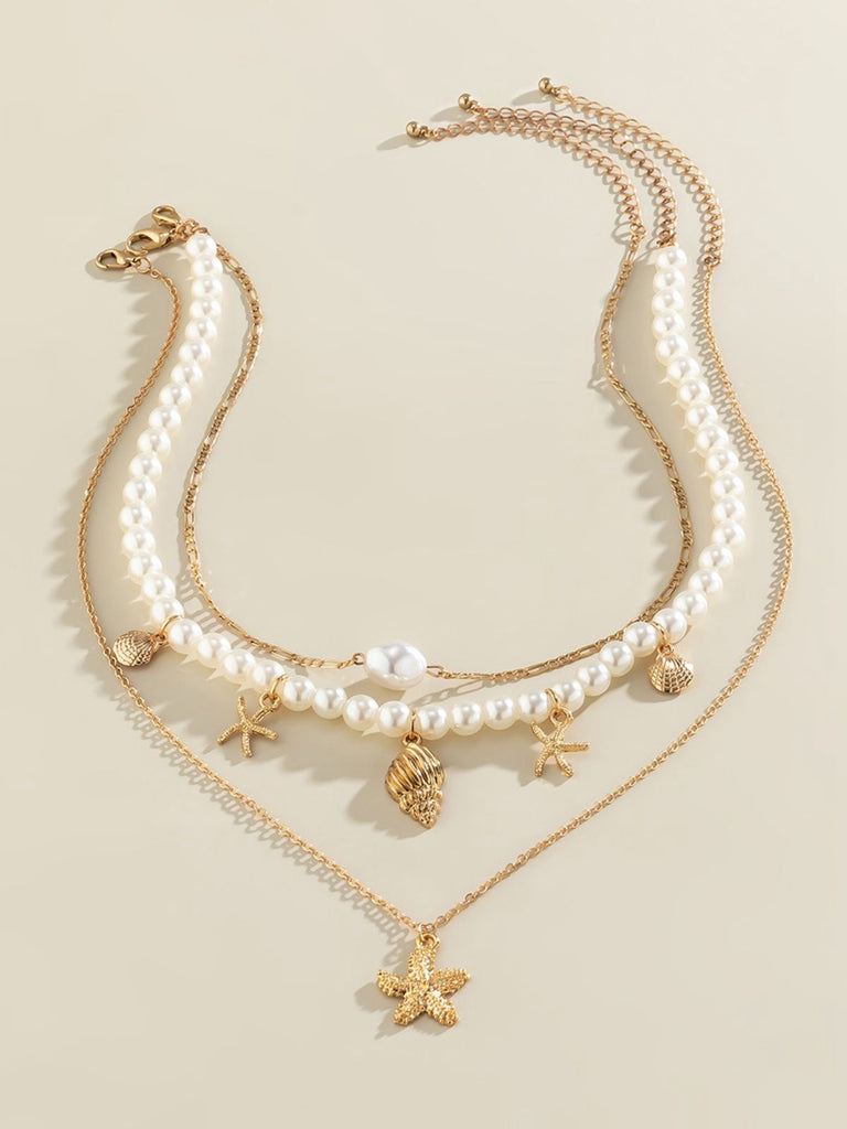 Starfish Seashell Pearl Layered Chain Necklace — vintage elegance in the palm of her hand