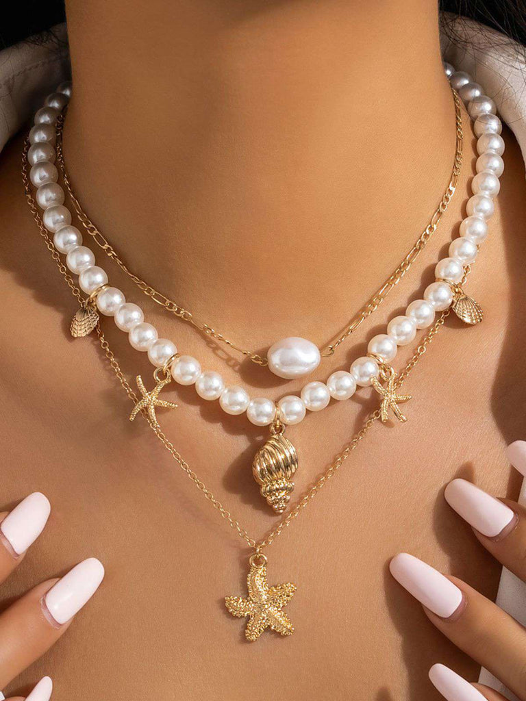 Starfish Seashell Pearl Layered Chain Necklace — the vintage finishing touch that makes her outfit sing