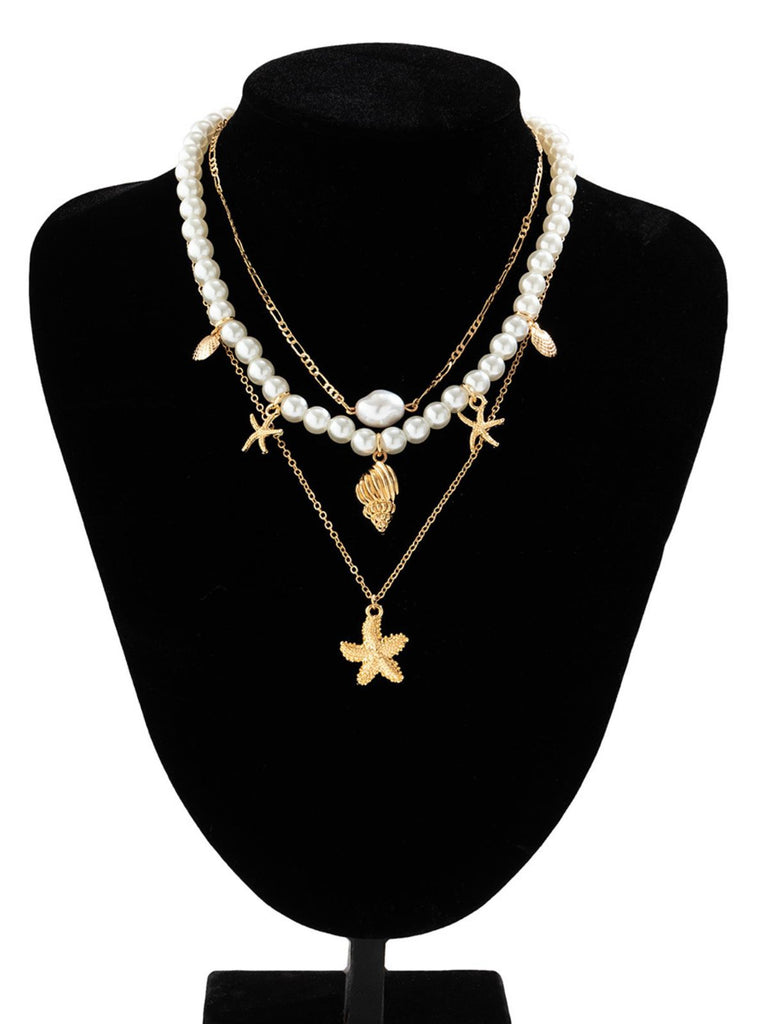 Starfish Seashell Pearl Layered Chain Necklace: vintage detail work for the woman who notices