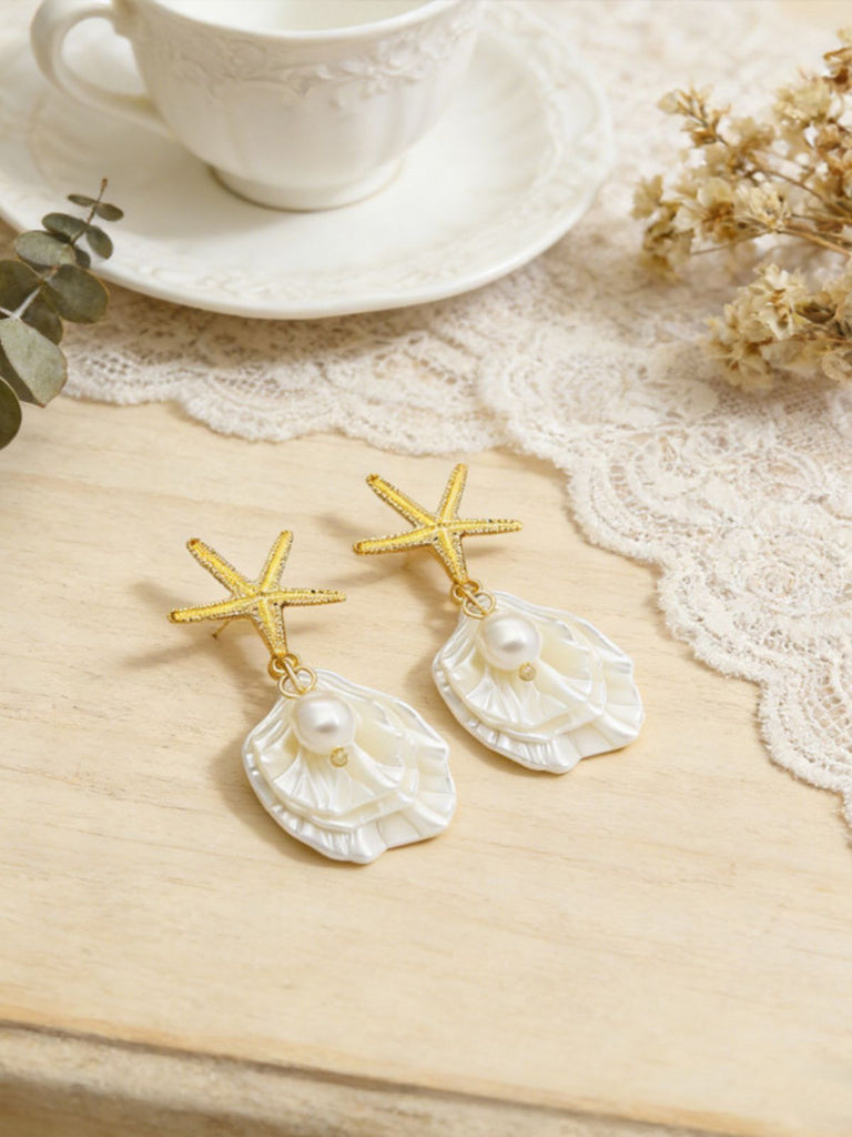 Starfish Shell Pearl Drop Earrings - vintage fashion, retro style
