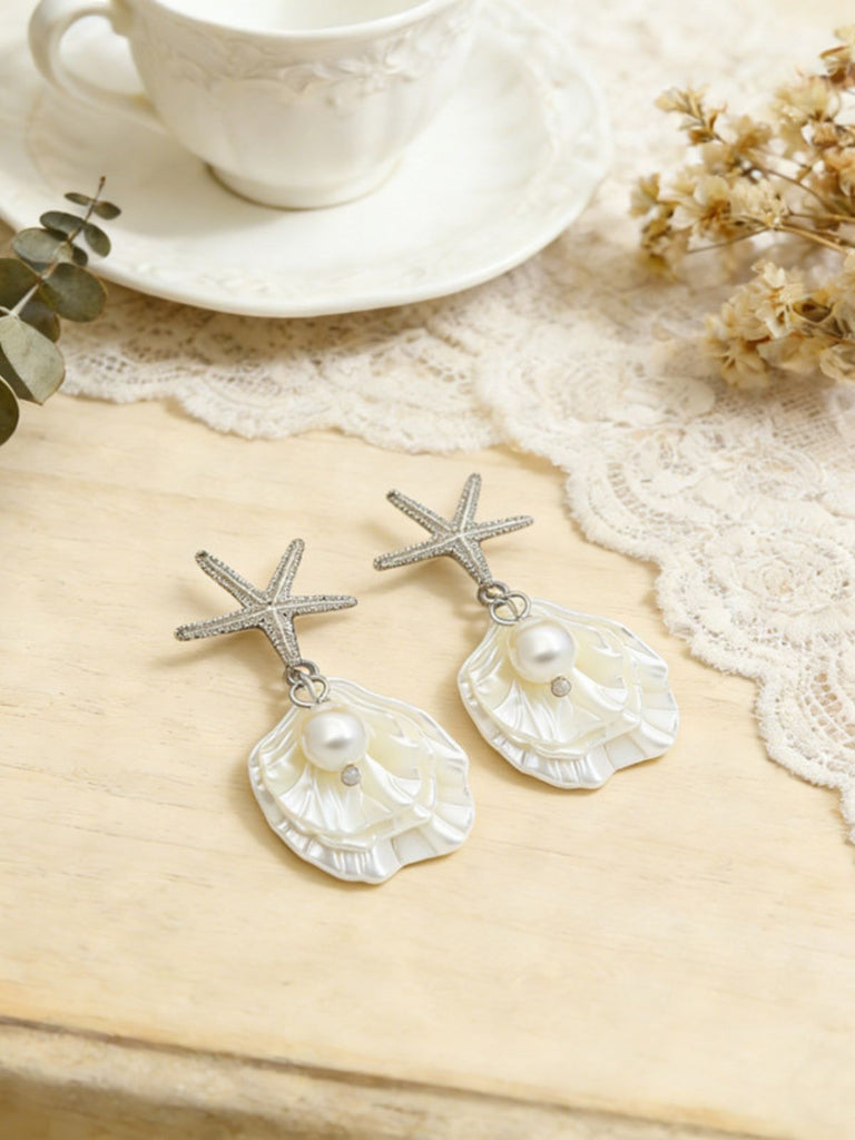 Starfish Shell Pearl Drop Earrings - vintage fashion, retro style