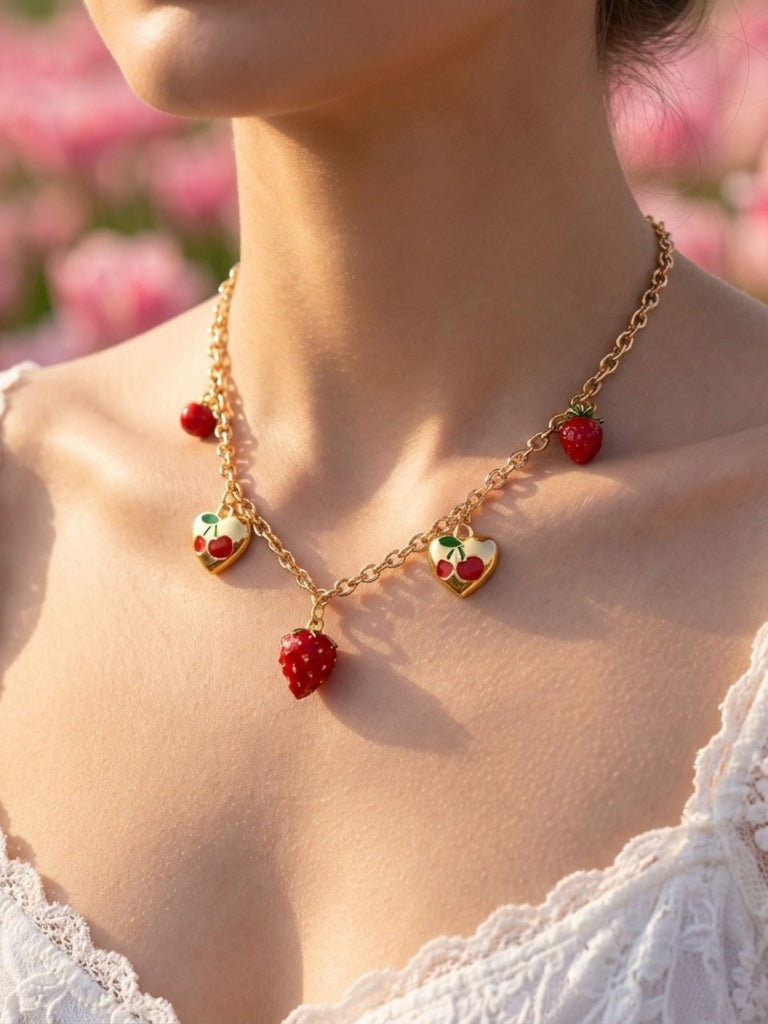 Strawberry Heart Pendant Gold Chain Necklace - vintage fashion, retro style, glamorous gold