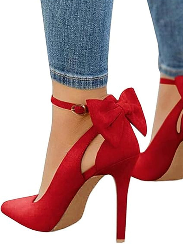 Suede Bow Ankle Strap Pointed Toe High Heel Shoes - vintage shoes, retro heels