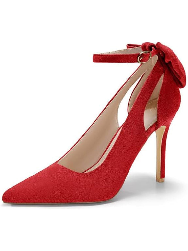 Suede Bow Ankle Strap Pointed Toe High Heel Shoes - vintage shoes, retro heels