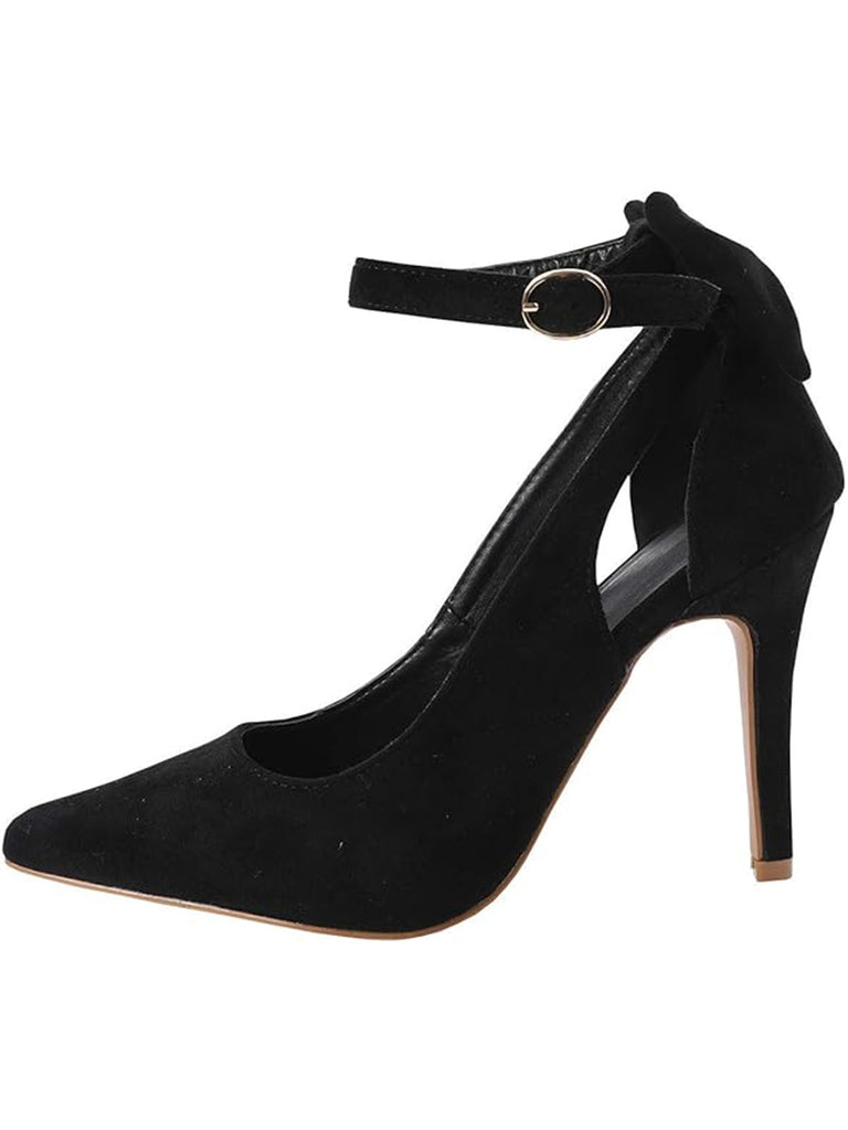 Suede Bow Ankle Strap Pointed Toe High Heel Shoes - vintage shoes, retro heels