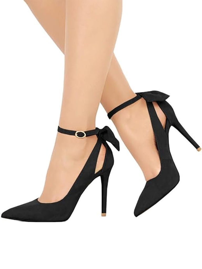 Suede Bow Ankle Strap Pointed Toe High Heel Shoes - vintage shoes, retro heels