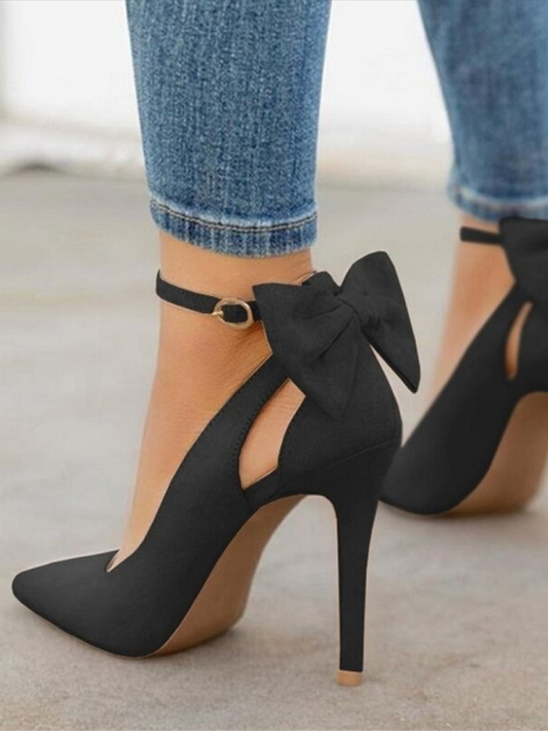 Suede Bow Ankle Strap Pointed Toe High Heel Shoes - vintage shoes, retro heels
